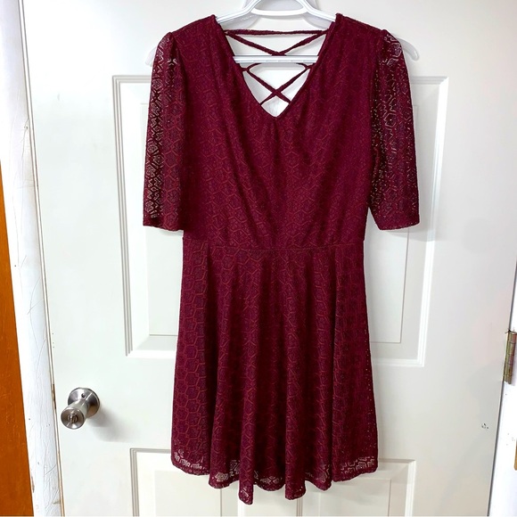 love, Fire Dresses & Skirts - Love, Fire Burgundy 1/4 Sleeve Lace Overlay Fit & Flare Dress size L